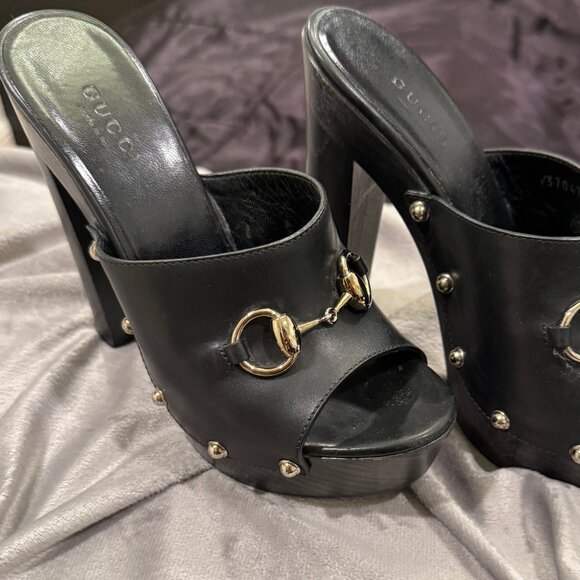 GUCCI BLACK LEATHER CLOGS ROUND HEEL WITH SILVER HARDWARE - Picture 8 of 12